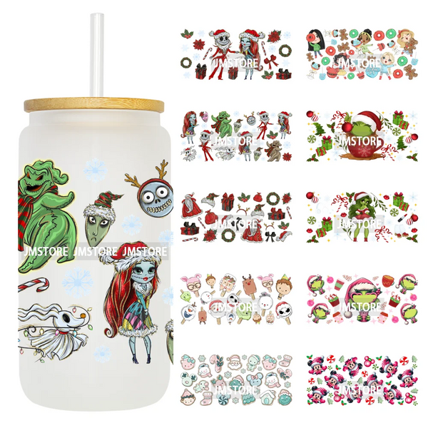 Christmas Cartoon Princess Merry Greenmas 16OZ UV DTF Cup Wraps Ready To Apply Waterproof Transfer Stickers For Libbey Glass Can