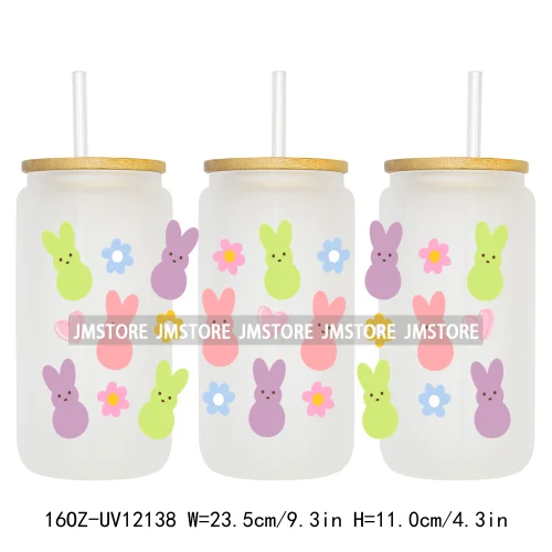 Retro Easter Bunny Rabbit Eggs Flowers 16OZ UV Cup Wrap DTF Transfer Stickers For Libbey Glass Can Cup Tumbler Waterproof Labels