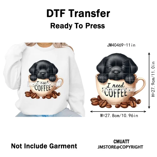 Funny Cartoon Pet Puppy Small Sleeping Cozy Coffee Dogs Lover Iron on DTF Washable Transfers Sticker Ready to Press for Clothing
