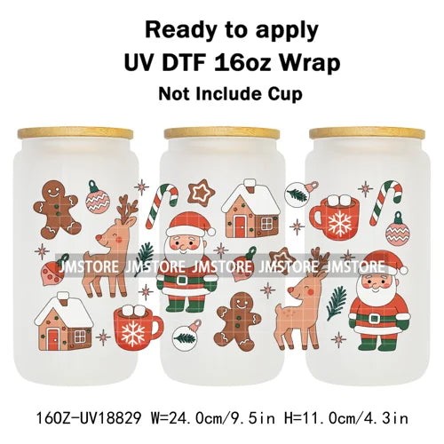 Christmas Bookish Santa Stocking Gifts UV DTF Cup Wrap Ready To Apply Transfer Stickers Waterproof For 16OZ Libbey Glass Can Mug