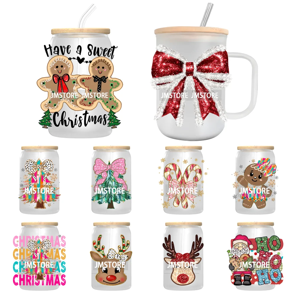 Coquette Bow Faux Glitter Christmas Tree UV DTF Transfer Stickers Decals For Libbey Cold Cups Mugs Tumbler Reindeer Candy Cane