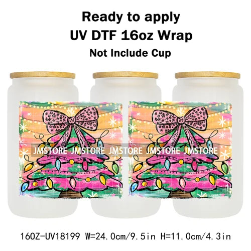 Preppy Brushstroke Christmas Santa Claus 16OZ UV DTF Cup Wraps Ready To Apply Waterproof Transfer Stickers For Libbey Glass Can