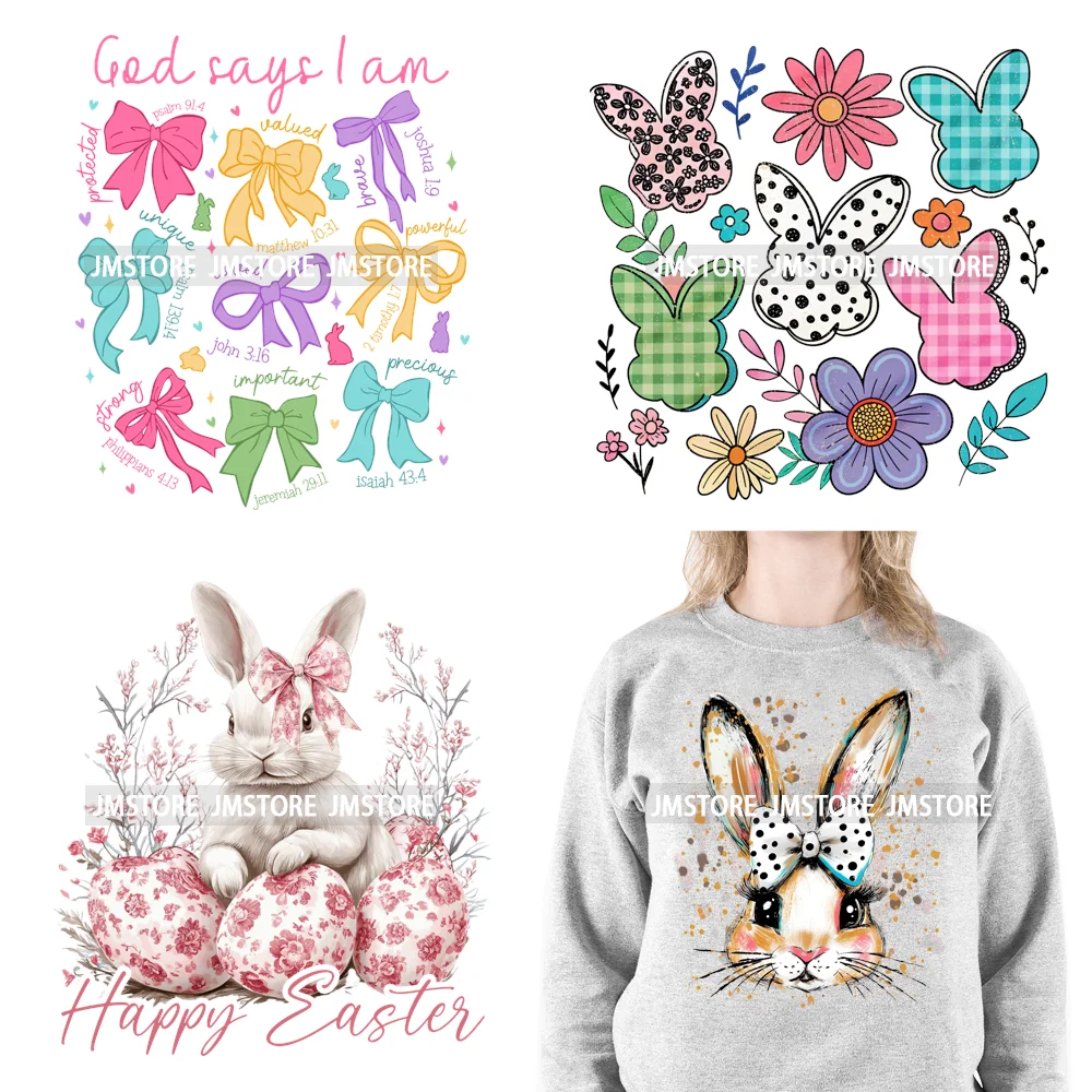 Happy Easter Day Cute Coquette Girl Kids Carrot Floral Bunny Eggs Iron On DTF Heat Transfers Stickers Ready To Press For Hoodies