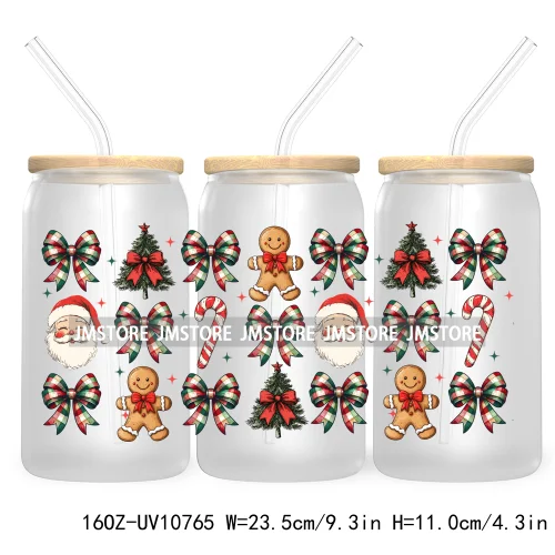 Christmas Highland Cow Coquette Bow 16OZ UV DTF Cup Wrap Waterproof Transfer Stickers For Libbey Glass Can Christmas Gingerbread