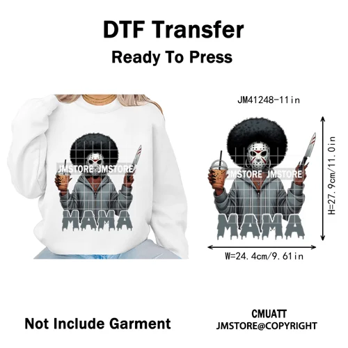 Coffee Lover Afro Mama Spooky Halloween Killer Cartoon Women Iron on Washable DTF Transfers Stickers Ready to Press for Hoodies