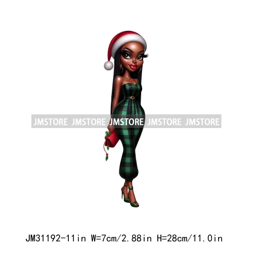 Fashion Santa Afro Black Woman Merry Christmas Girly Winter Iron On DTF Transfers Stickers Printing Ready To Press For Clothing