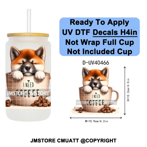 Puppy Coffee Dog Cartoon Pet Lover UV DTF Decals Ready To Apply Waterproof Transfer Stickers For 16OZ Libbey Glass Can Tumbler