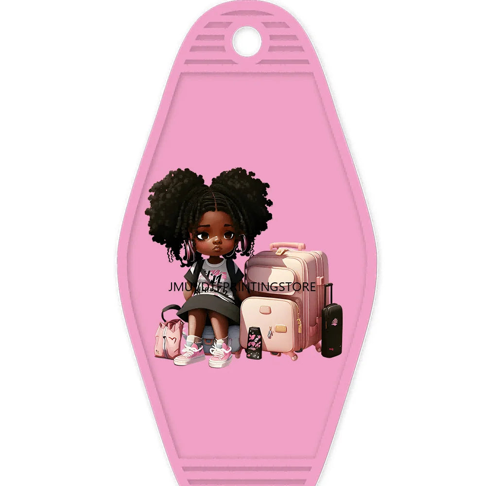 School Melanin Black Girls With Luggage High Quality WaterProof UV DTF Sticker For Motel Hotel Keychain Afro Children