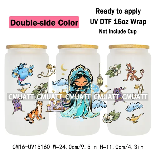 Double Sided Color UV DTF Cup Wraps 16OZ Bulk Waterproof Wholesale Custom Cartoon Cute Princess Mug Glass Water Bottles Sticker