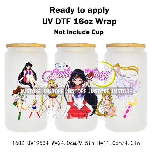 Sailor Girls Inspired Anime Fan Cartoon Characters UV DTF Transfer Sticker Cup Tumbler Wrap For 16OZ Libbey Glass Wraps Bottle