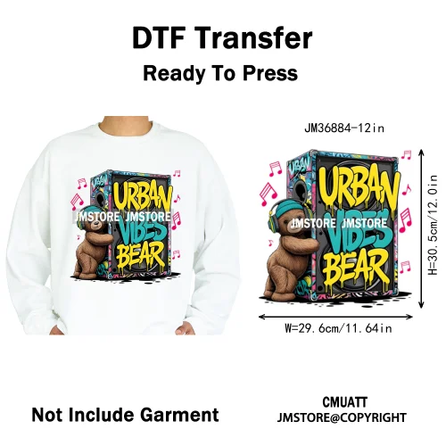 12in Colorful Graffiti Urban Stree Vibes Fearless Gangster Bear Washable Iron on DTF Transfer Sticker Ready to Press for Clothes