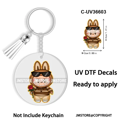 Coquette Bow Cartoon Monsters Doll In Costume Decal Round Keychain Ready To Apply UV DTF Transfer Stickers For Circle Keychain