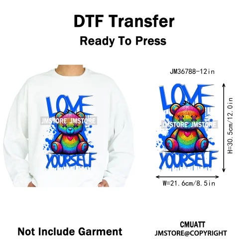 12in Cartoon Gangster Hip Hop Streetwear Teddy Bear Lover Designs Iron on DTF Heat Transfers Stickers Ready to Press for Hoodies
