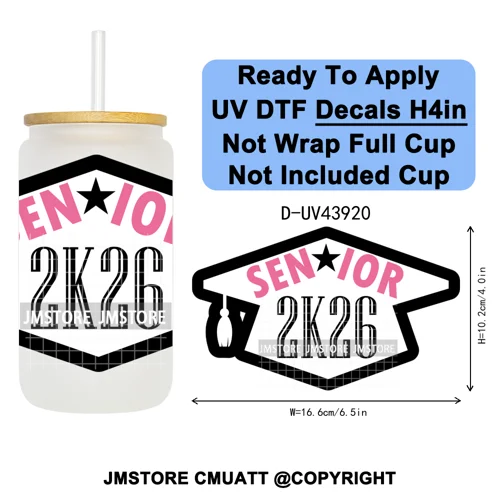 Girly University Graduation 2026 UV DTF Decals Ready To Apply Waterproof Transfer Stickers DIY Crafts For 16OZ Libbey Glass Can