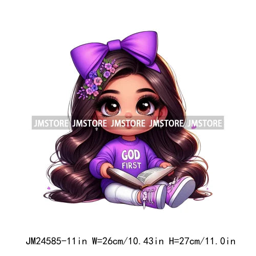 God First Chibi Cute Brown Hair Latina Dolls Baby Girls Coquette Bow Iron On DTF Transfer Stickers Ready To Press For Hoodies