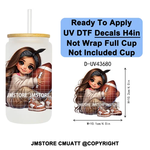 Cute Latina Baby Girl American Football UV DTF Cup Decals Ready To Apply Transfer Stickers Durable For Libbey Glass Can Tumbler