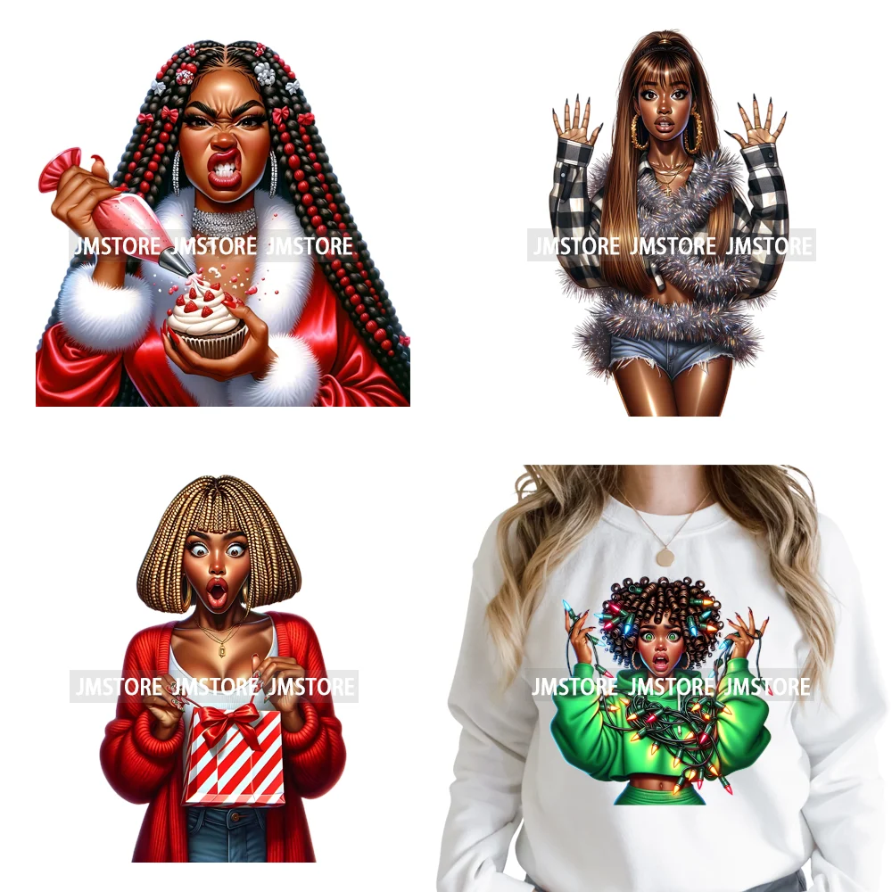 Sassy Afro Women Quirky Girls Santa Christmas Attitude Iron on Washable DTF Heat Transfers Stickers Ready to Press for Textiles