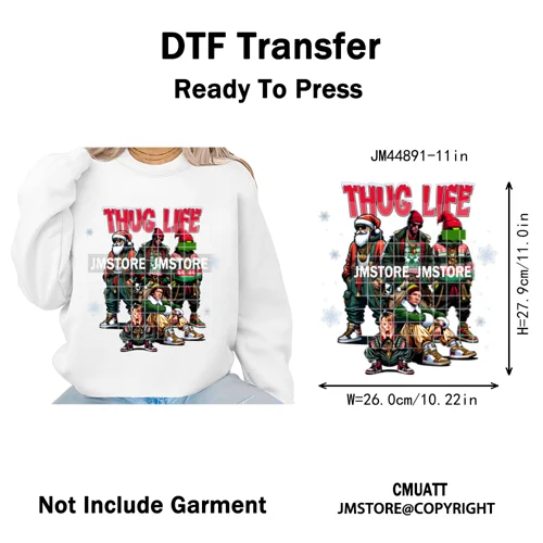 Winter Christmas Cartoon Holiday Characters Thug Life Green Iron on Washable DTF Transfers Stickers Ready to Press for Textiles