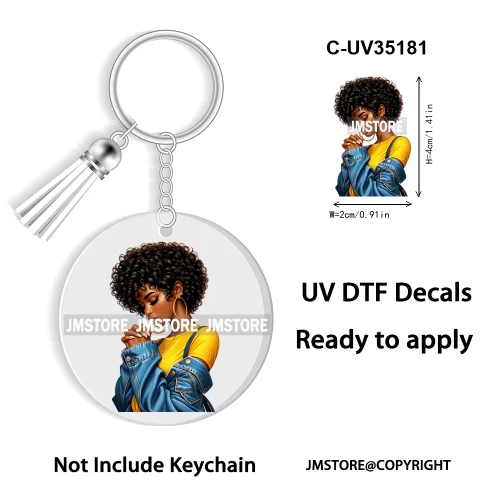 Christian Jesus God Pray Afro Girl UV DTF Decal Round Keychain Ready To Apply WaterProof Transfer Stickers For Circle Keychain