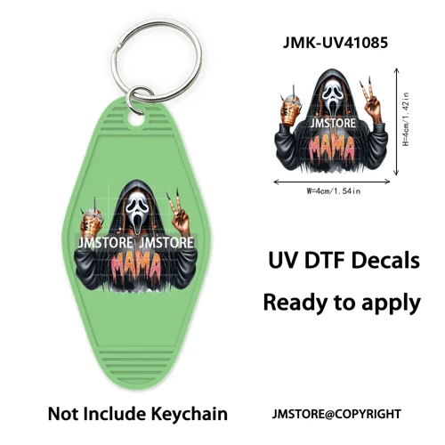 Black Horror Mama Skull Skeleton Ghosts UV DTF Motel Keychain Wraps Ready To Apply Waterproof High Quality Hotel Keychain Decals
