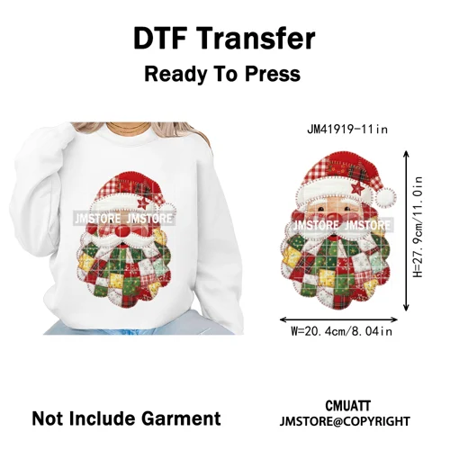 Merry and Bright Coquette Patchwork Santa Christmas Holiday Season Iron on DTF Heat Transfer Stickers Ready to Press for Hoodies