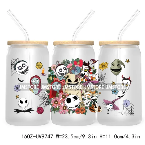 Spooky Cartoon Halloween 16OZ UV Cup Wrap DTF Transfer Stickers For Libbey Glass Can Cups Tumbler Waterproof Labels Scare Crew