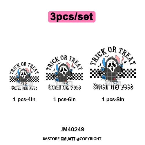 Checkered Trick Or Treat Scary Killer Character Halloween Vibes Iron on DTF Washable Transfer Sticker Ready to Press for Hoodies