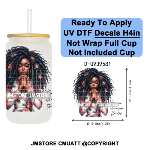 Fashion Girl Praying Black Women UV DTF Decals Ready To Apply Waterproof Transfer Stickers DIY Crafts For 16OZ Libbey Glass Can