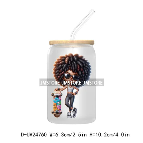 Black Chibi Girl UV DTF Transfers Stickers Decals For Libbey Cold Cups Mugs Tumbler Waterproof DIY Craft Beautiful Afro Woman