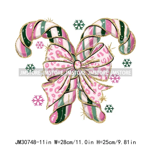 Merry Christmas Vibes Coquette Bow Faux Glitter Pink Candy Cane Decals Iron On DTF Transfer Stickers Ready To Press For Clothing