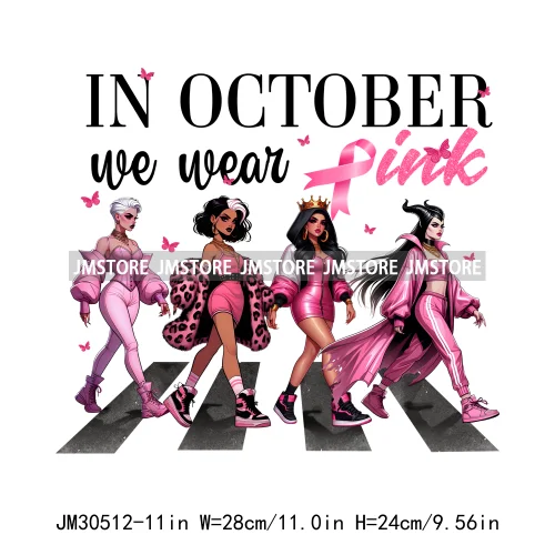 We Wear Pink In October Halloween Bad Girls Friends Horror Characters Breast Cancer Iron On DTF Transfers Stickers For Hoodies