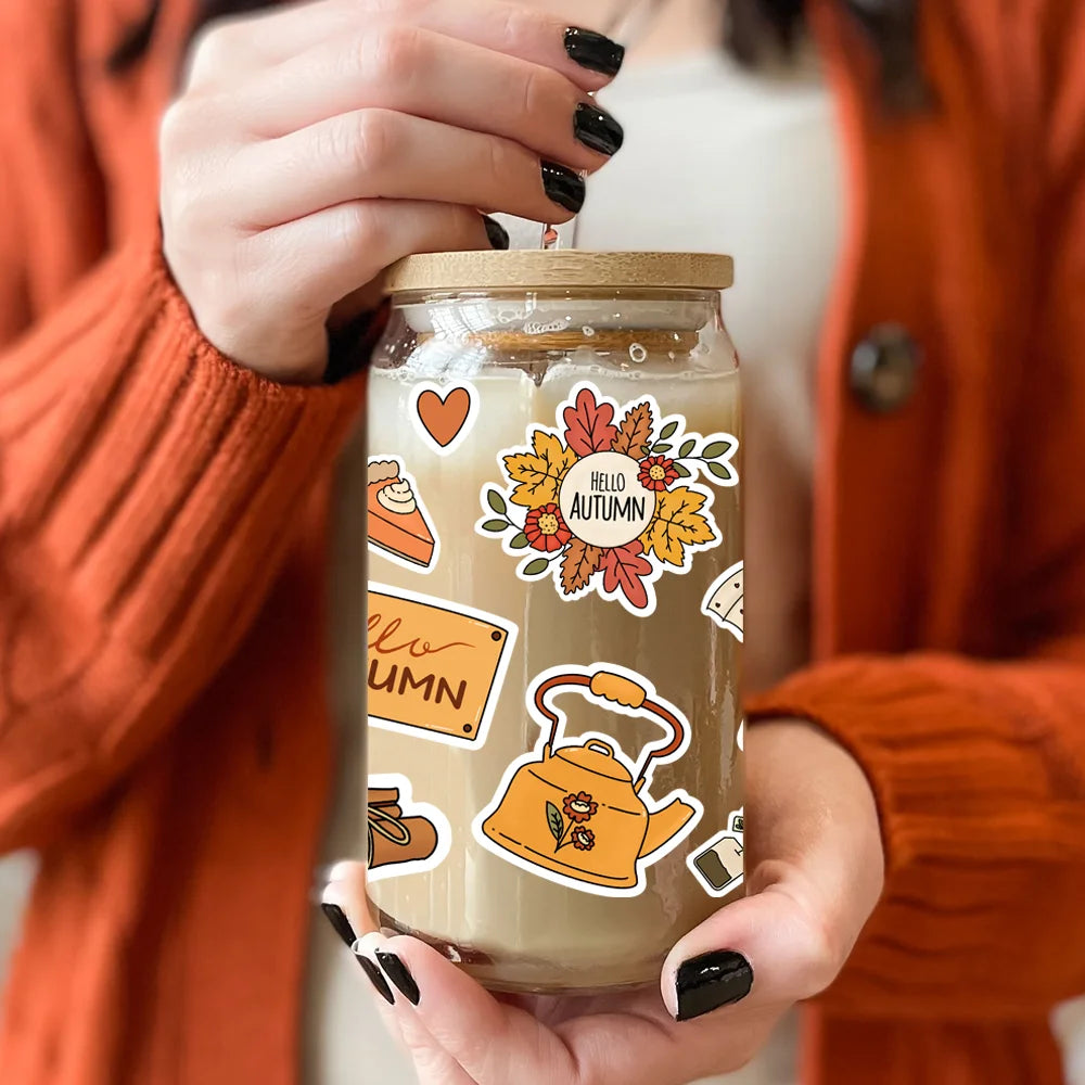 Hello Coffee Cat 16OZ UV DTF Cup Wrap Transfer Stickers Cartoon Valentine Custom Labels DIY Waterproof Logo For Libbey Glass Can