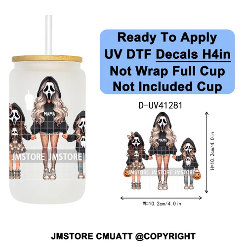 Family Halloween Horror Mama UV DTF Transfer Stickers Decals Ready To Apply Waterproof For 16OZ Libbey Glass Can Cups Tumbler