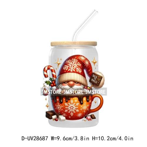 Festive Christmas Gnome Candy Cane UV DTF Transfer Stickers Decals For Libbey Cold Cups Mugs Tumbler Labels Cartoon Characters