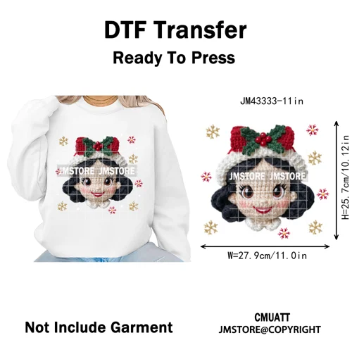 Cute Faux Knitting Yarn Princess Cartoon Character Christmas Holiday Iron on DTF Transfers Stickers Ready to Press for Hoodies