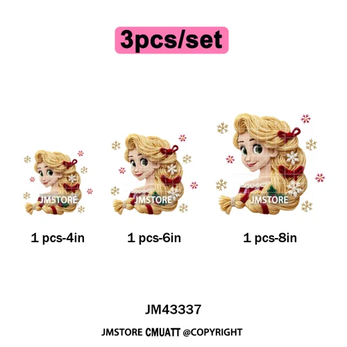 Cute Faux Knitting Yarn Princess Cartoon Character Christmas Holiday Iron on DTF Transfers Stickers Ready to Press for Hoodies