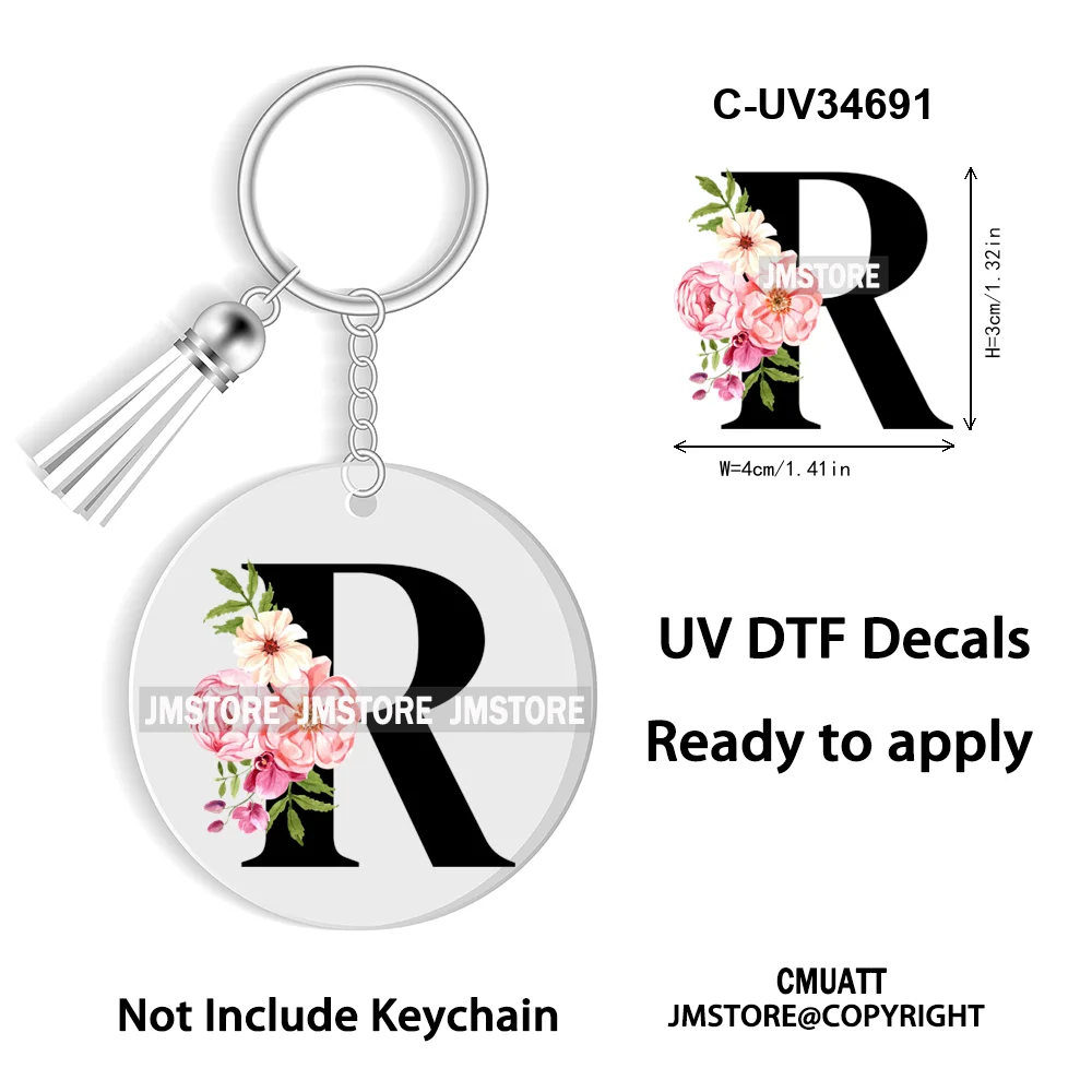 Floral Whole Entire Alphabet Flowers Black Letters Monogram WaterProof UV DTF Stickers For Round Circle Acrylic Keychain Keyring