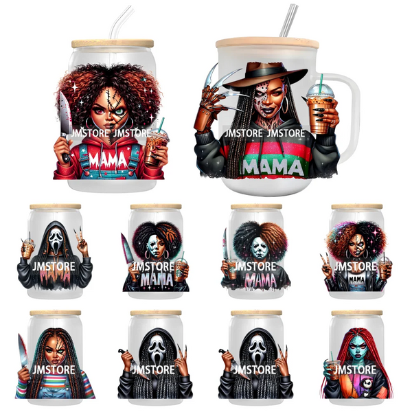 Scary Movie Character Afro Girls Halloween UV DTF Transfer Stickers Decals Ready To Apply Waterproof For 16OZ Libbey Glass Can