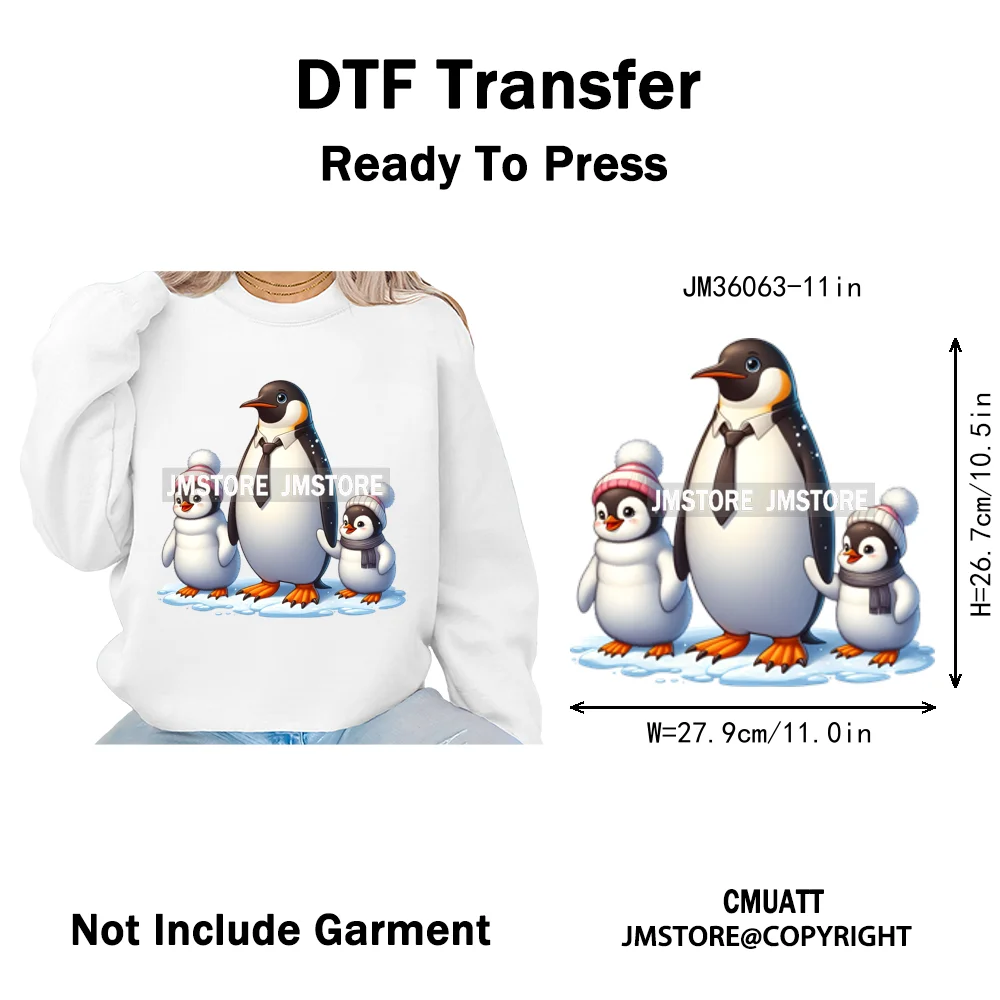 Cute Animal Penguins Coquette Hat Family Mom Father Baby Lovers Iron on DTF Heat Transfer Stickers Ready to Press for Hoodies