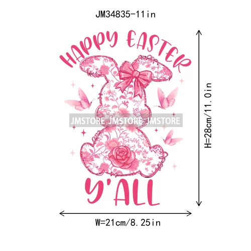 Floral Pink Toile Chinoiserie Coquette Bunny Spring Easter Iron On DTF Heat Transfers Stickers Ready To Press For T-shirts Bags