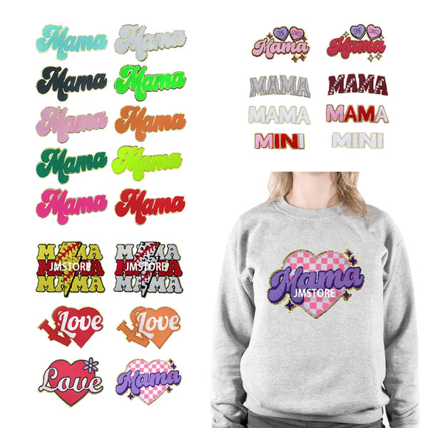 Colorful Mama Mini Sport Love Gold Glitter Edge Mother's Day Iron on Chenille Patches for Sweatshirts Bags