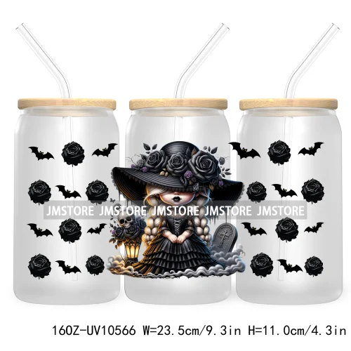 Gothic Girl Gnomes Halloween 16OZ UV Cup Wrap DTF Transfer Stickers For Libbey Glass Can Cups Tumbler Labels Spooky Bats Witch