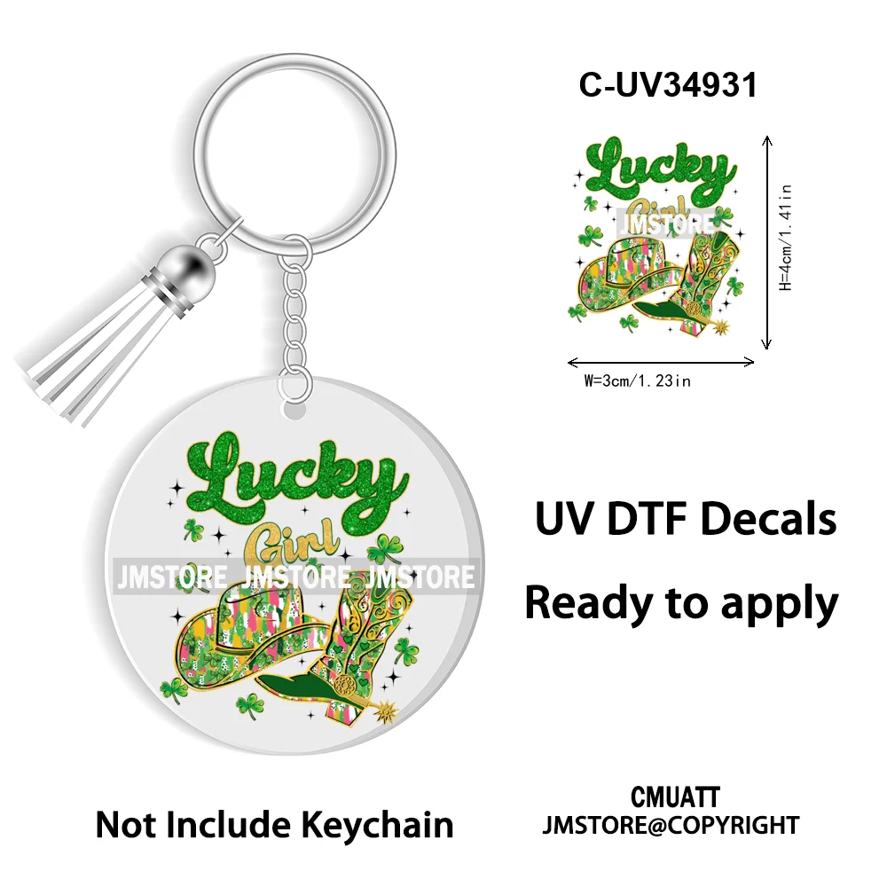 Faux Glitter Lucky Shamrock Coquette St. Patrick's Day WaterProof UV DTF Stickers For Round Circle Acrylic Keychain Key Ring