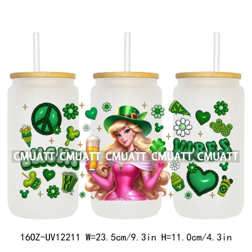 Cartoon Princess Girls St Patricks' Day Lucky Vibes 16OZ UV DTF Cup Transfer Wrap Sticker Waterproof Logos For Libbey Glass Can