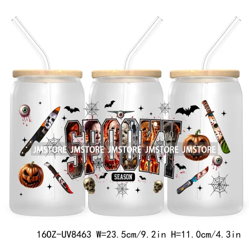 Halloween Characters 16OZ UV DTF Cup Wrap Transfer Sticker Custom Label Waterproof Logo For Libbey Glass Can Spooky Horror Movie