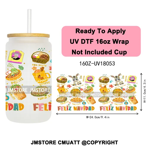 Feliz Navidad Christmas Mexican Food UV DTF Stickers Ready To Apply Cup Wrap High Quality Waterproof For 16OZ Libbey Can Glass