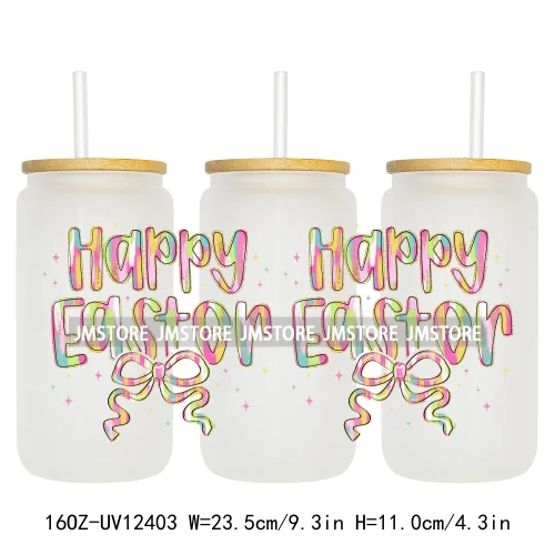 He Is Risen Christian Easter 16OZ UV Cup Wrap DTF Transfer Stickers For Libbey Glass Can Cups Tumbler Girly Happy Easter Bunny