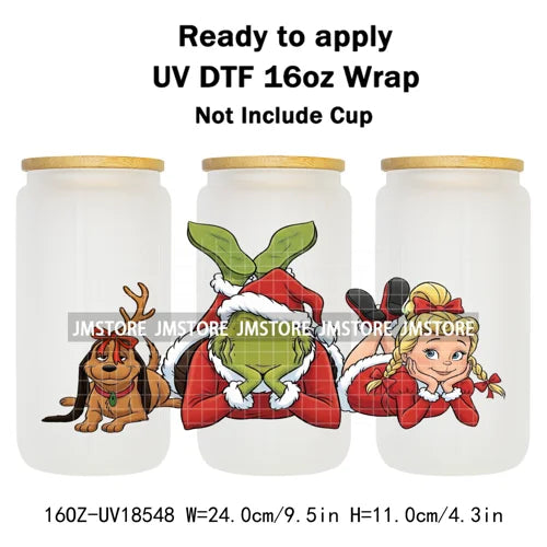 Coquette Bow Christmas Green Character UV DTF Stickers Ready To Apply Cup Wrap Custom Labels DIY Craft For Libbey Glass Can Mugs