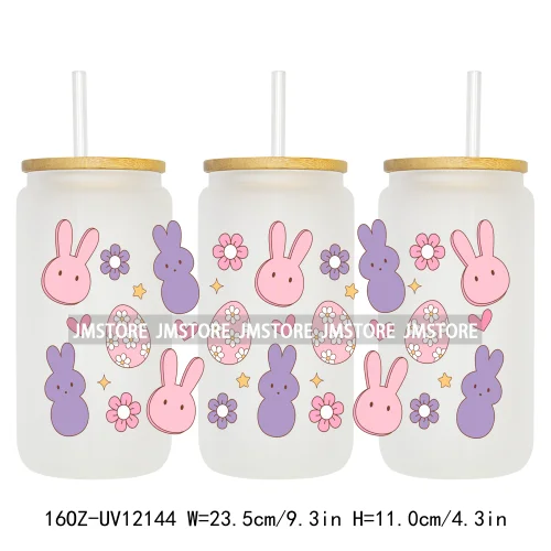 Retro Easter Bunny Rabbit Eggs Flowers 16OZ UV Cup Wrap DTF Transfer Stickers For Libbey Glass Can Cup Tumbler Waterproof Labels