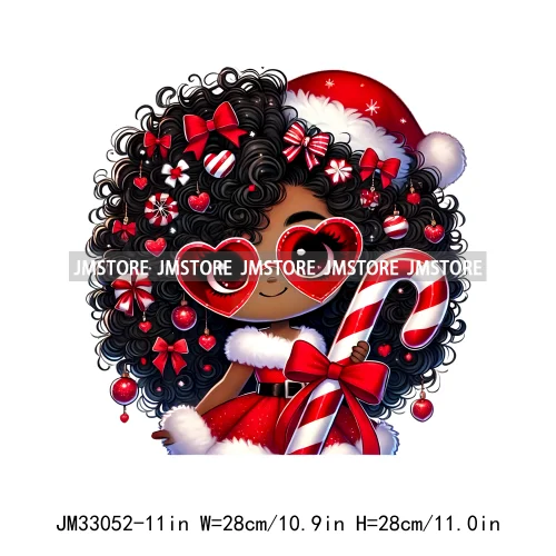 Cute Santa Hat Baby Afro Girls Coquette Bow Christmas Festive Holiday Iron On DTF Transfer Stickers Ready To Press For Clothing